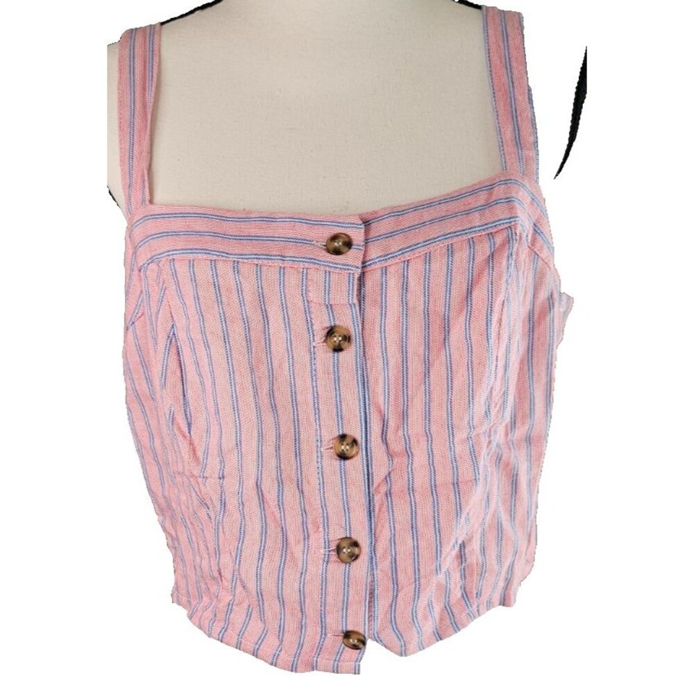 NWT Ultra Flirt Pink/Blue Striped Button Front Ruched Back Crop Top Sz X-Large